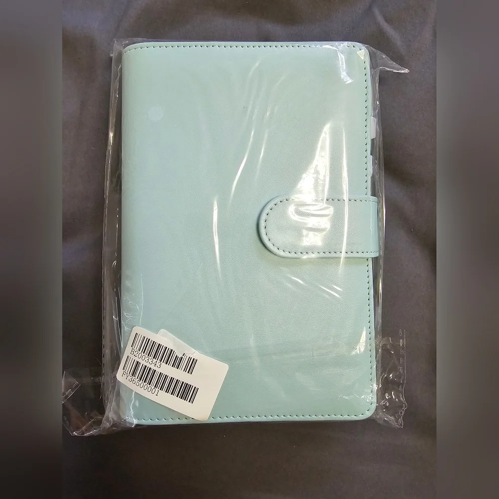 Light Blue Faux Leather 6-Ring Planner Binder with Clear Pockets and Labels